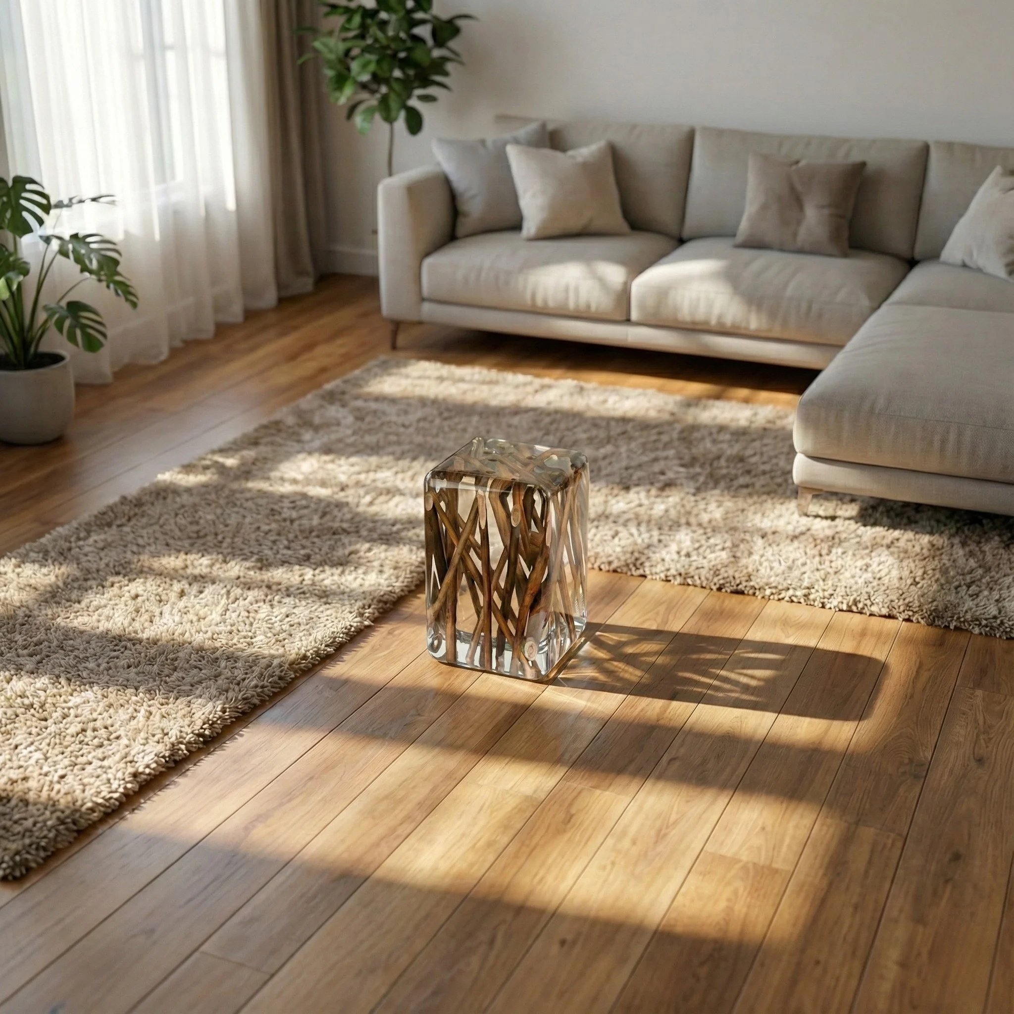 Wood Stick Coffee Table Detail View - Transparent Acrylic Top Natural Wood Sticks | Modern Organic Furniture UAE